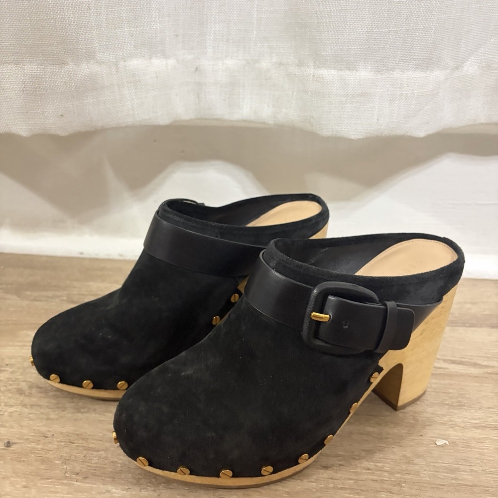 Veronica Beard Dacey Mule Wooden Clog Size 7 M Black Suede Leather Buckle Strap